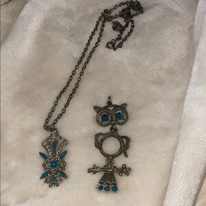 2 Pieces - Elegant Silver and Turquoise Pendant Necklaces - 1 Chain - 1970’s
